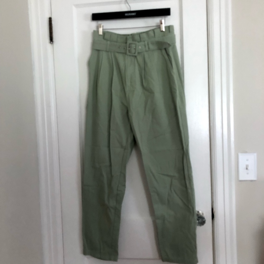 Sage Green Cotton Paperbag Belted Pants size L